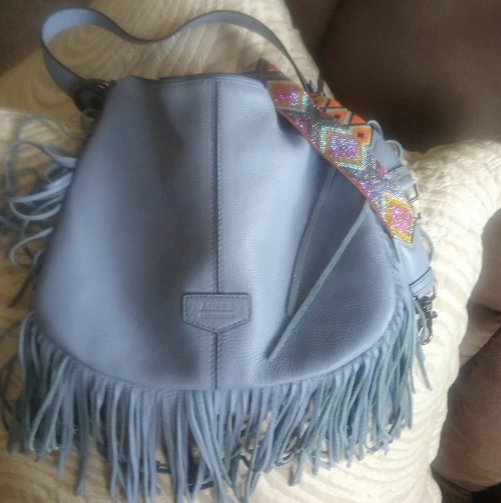 Aimee Kestenberg Light Blue Fringe Shoulder Bag with Multicolor Strap